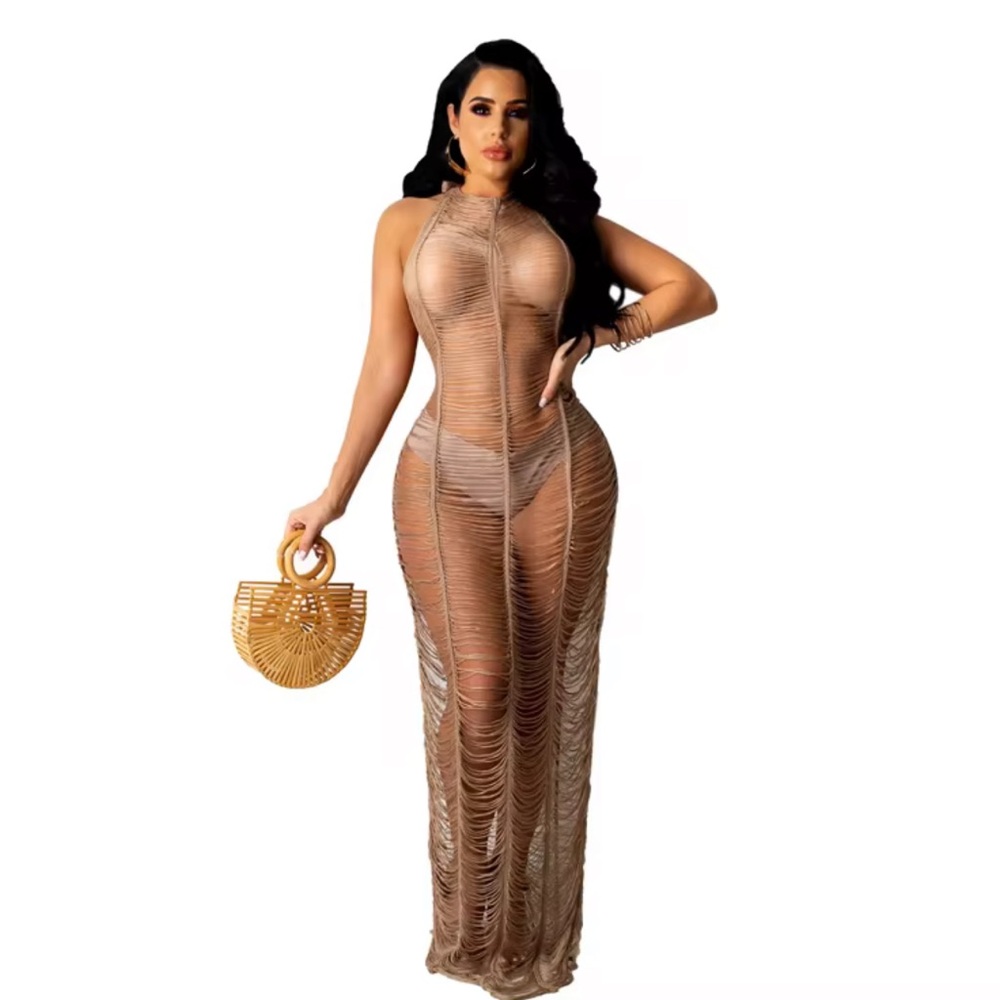 Elegant Tan see through coverup women's Dress in sizes small, , & xxl NWT